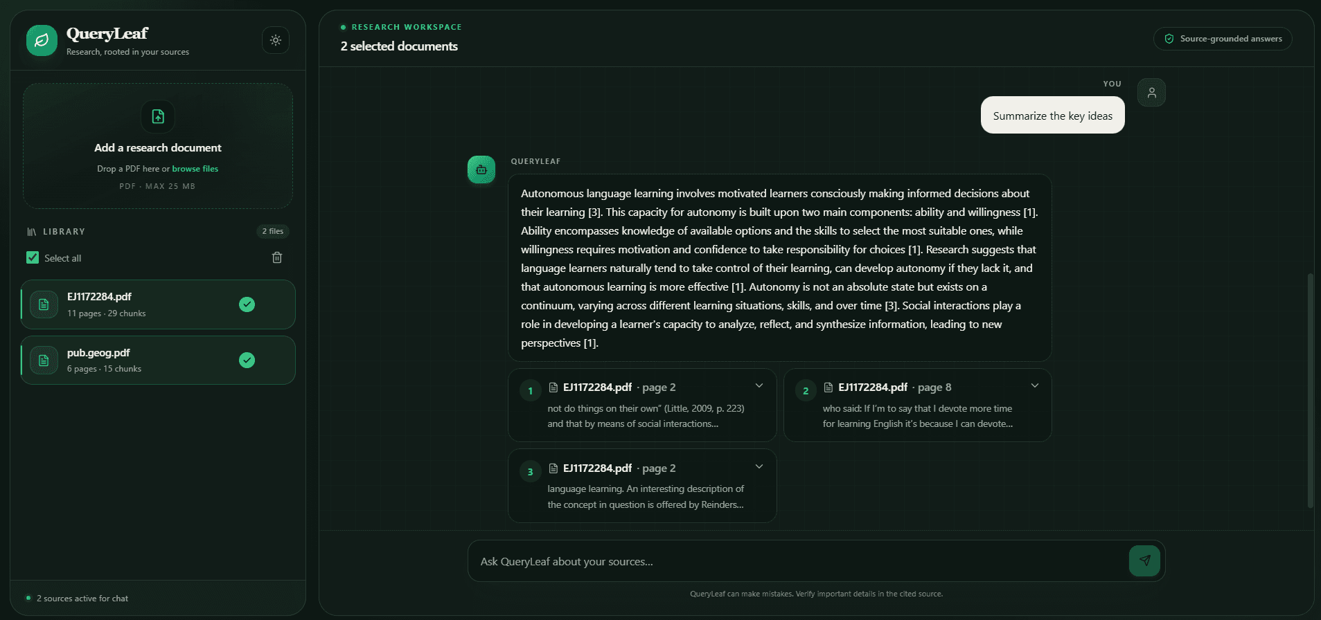 QueryLeaf document chat with selected PDF sources and cited answers